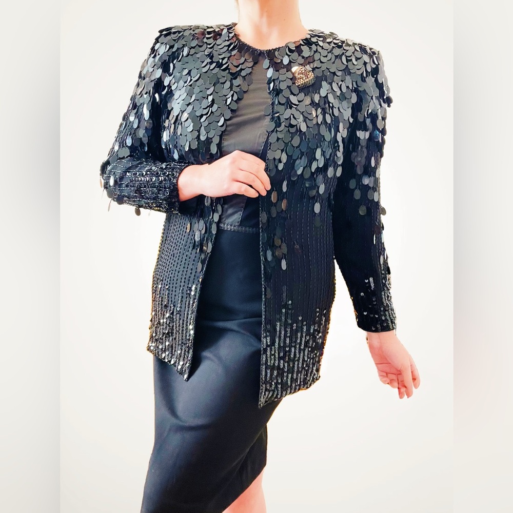 Vintage 70s Oleg Cassini Black Silk Beaded & Paillette Formal Jacket